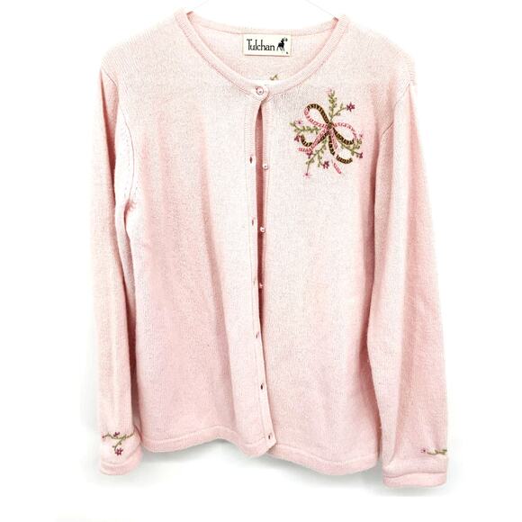 Tulchan Pink Embroide Wool Angora Blend Cardigan Sweater M - L - Picture 1 of 8